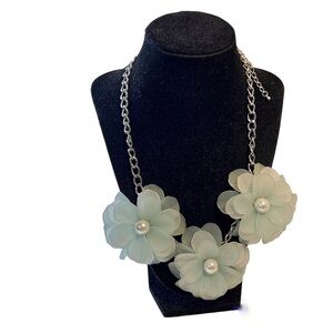 Floral Spring Necklace Celadon Green Flowers Faux Pearl Centers Bold Statement